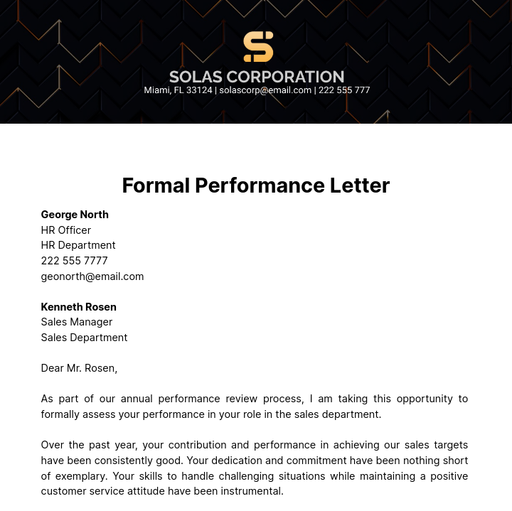 Formal Performance Letter Template