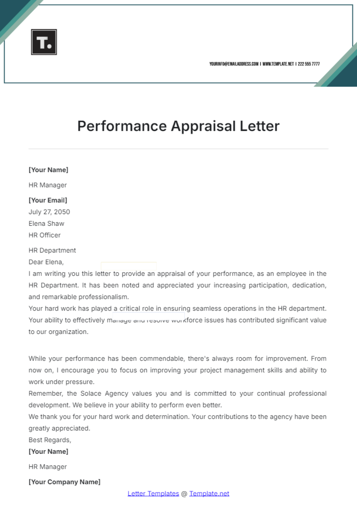 Performance Appraisal Letter Template - Edit Online & Download