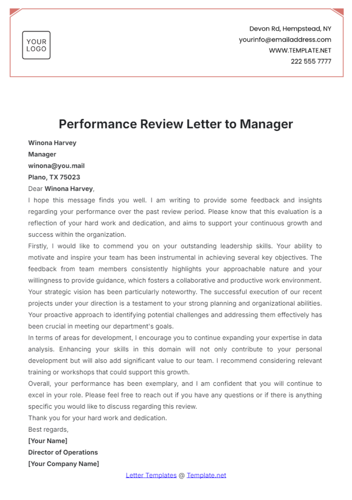 Performance Review Letter to Manager Template - Edit Online & Download