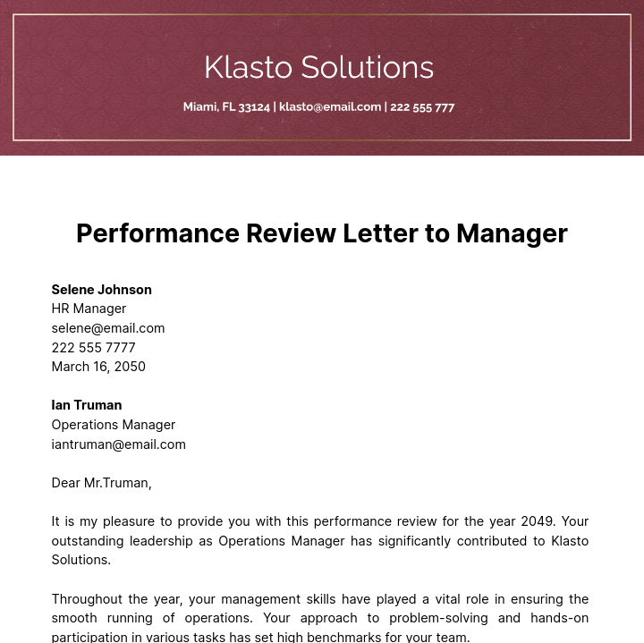 Performance Review Letter to Manager Template
