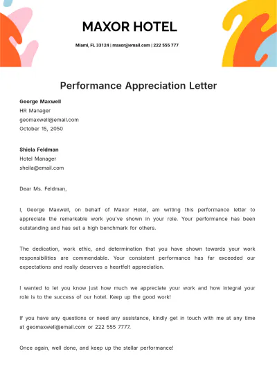 Free Performance Appreciation Letter Template to Edit Online