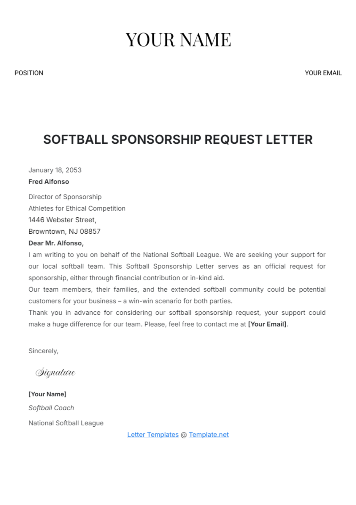 Softball Sponsorship Request Letter Template