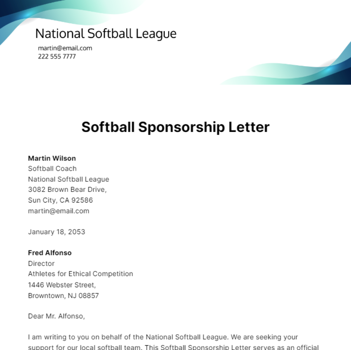 Free Softball Sponsorship Letter Template