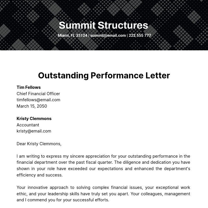 Outstanding Performance Letter Template