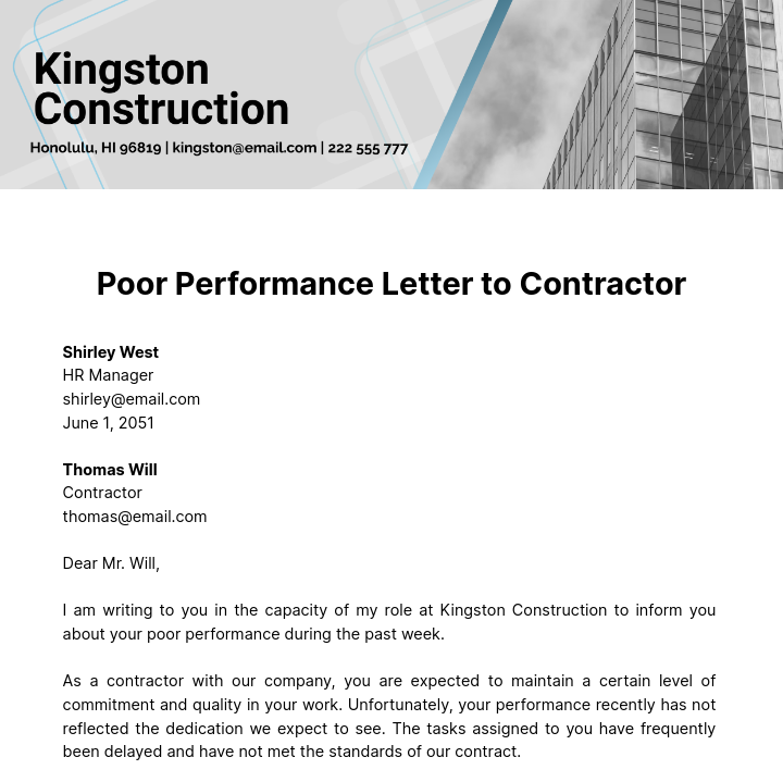 Poor Performance Letter to Contractor Template