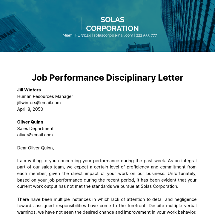 Job Performance Disciplinary Letter Template