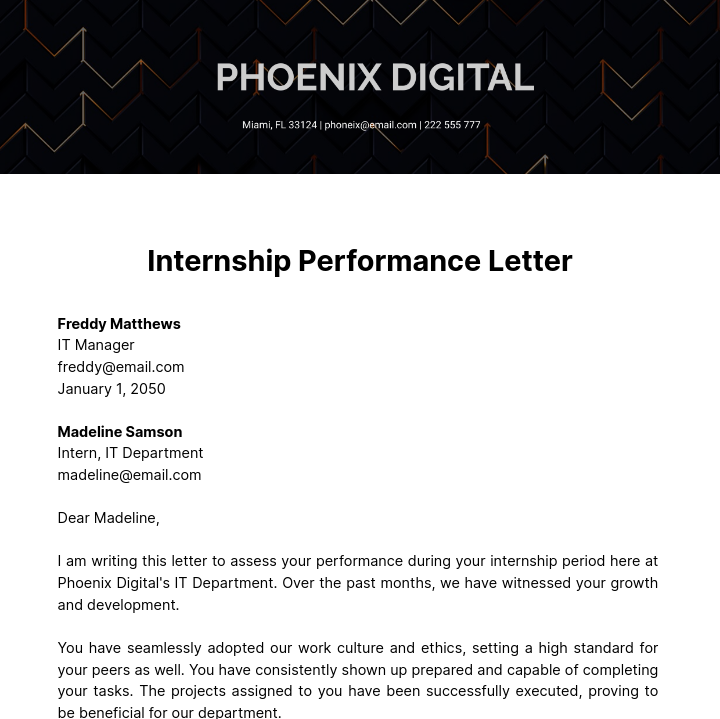 Free Internship Performance Letter Template