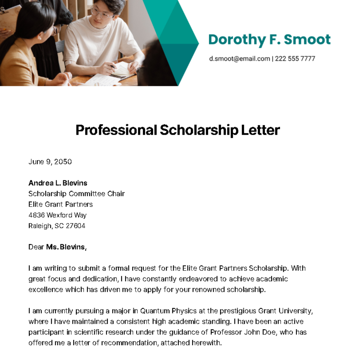 Professional Scholarship Letter Template