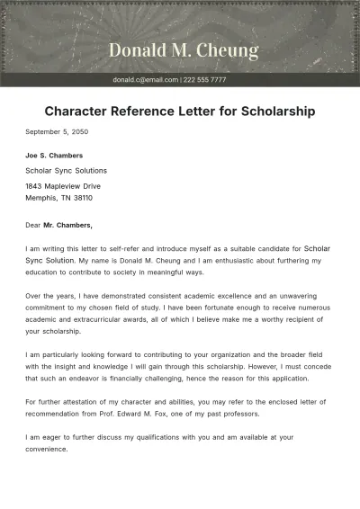 Free Character Reference Letter for Scholarship Template to Edit Online
