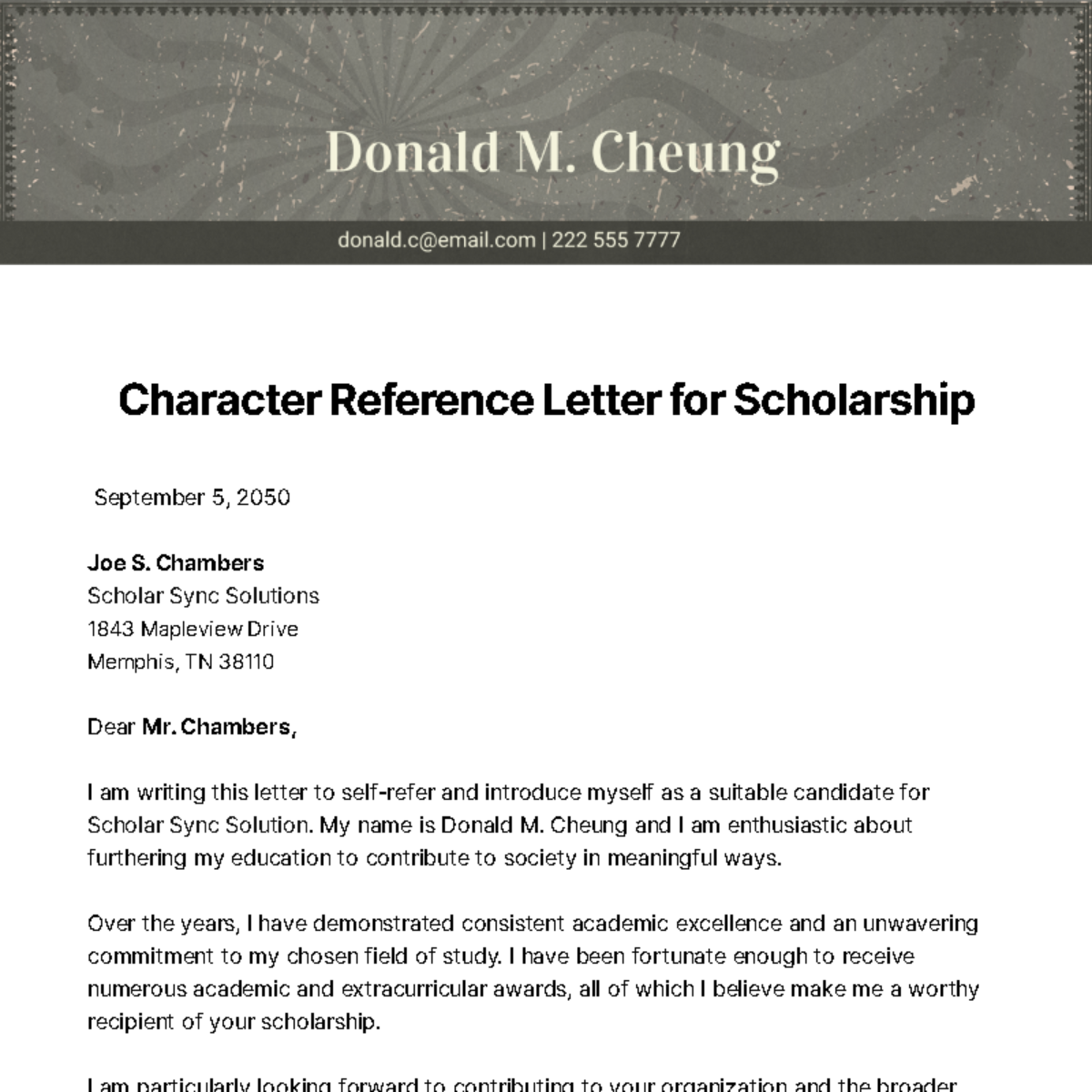Free Character Reference Letter for Scholarship Template