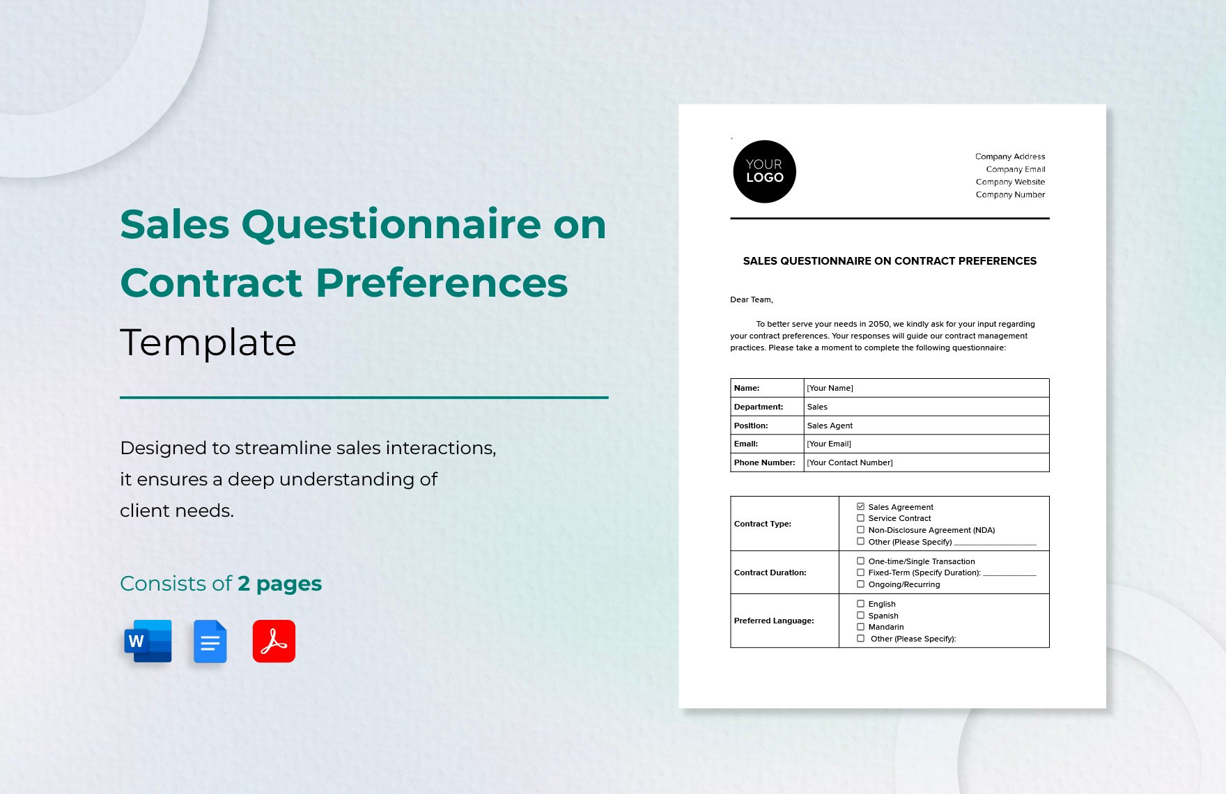 Sales Questionnaire on Contract Preferences Template in Word, Google Docs, PDF