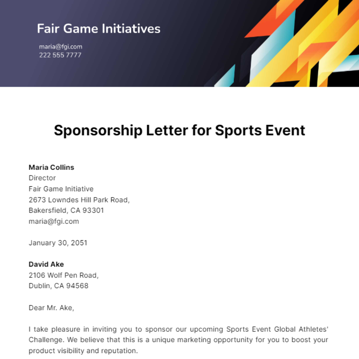 Sponsorship Letter for Sports Event Template