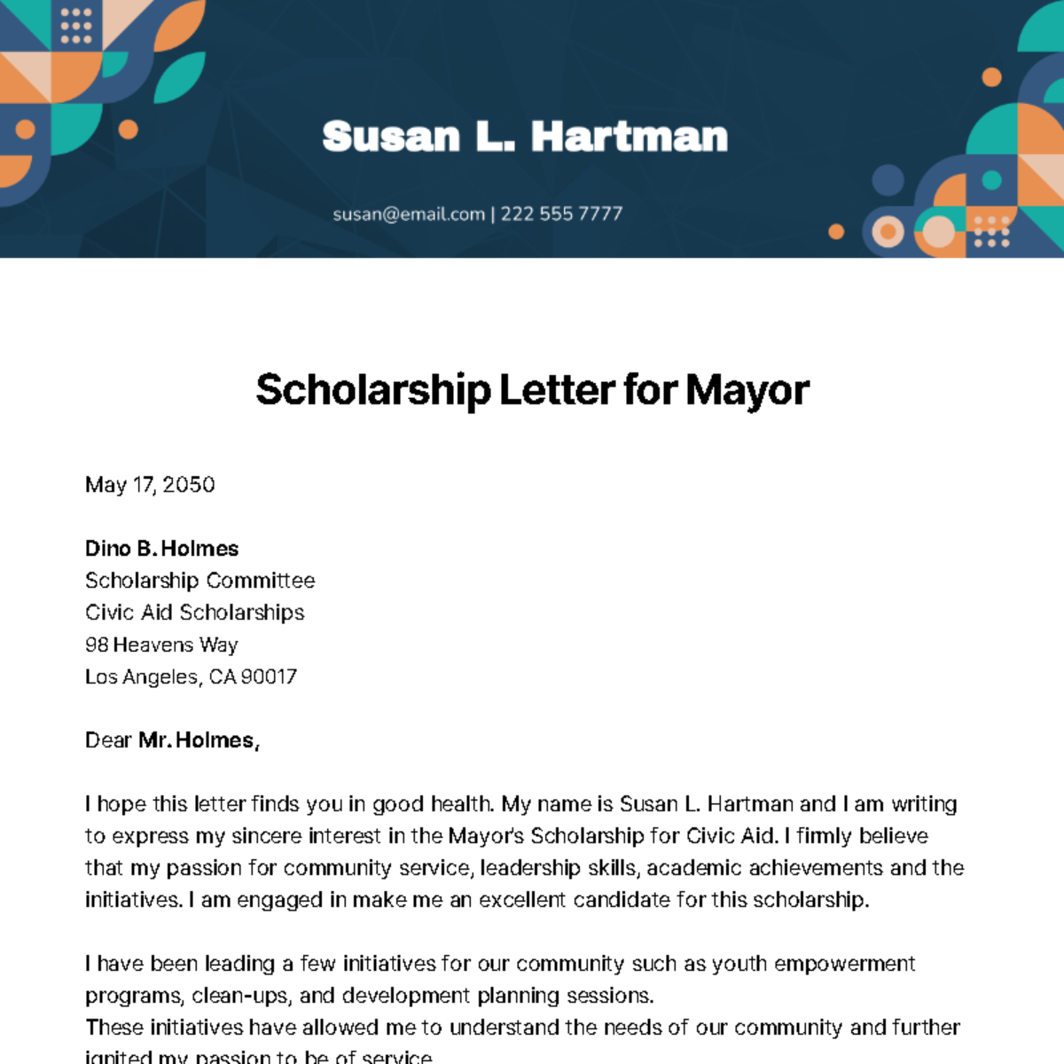 Free Scholarship Letter for Mayor Template
