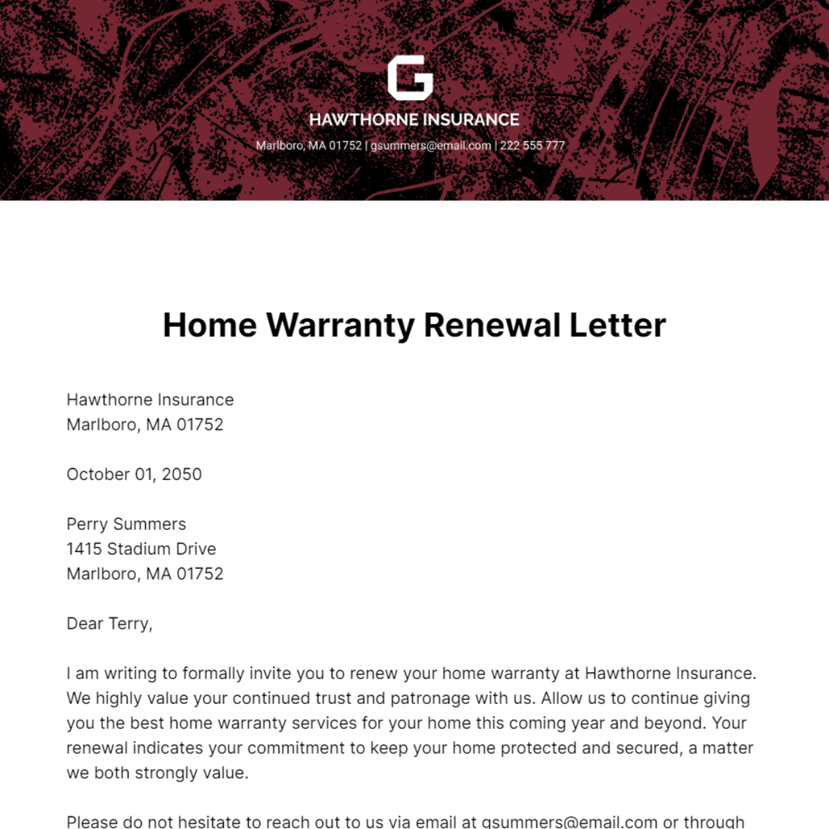 Home Warranty Renewal Letter   Template