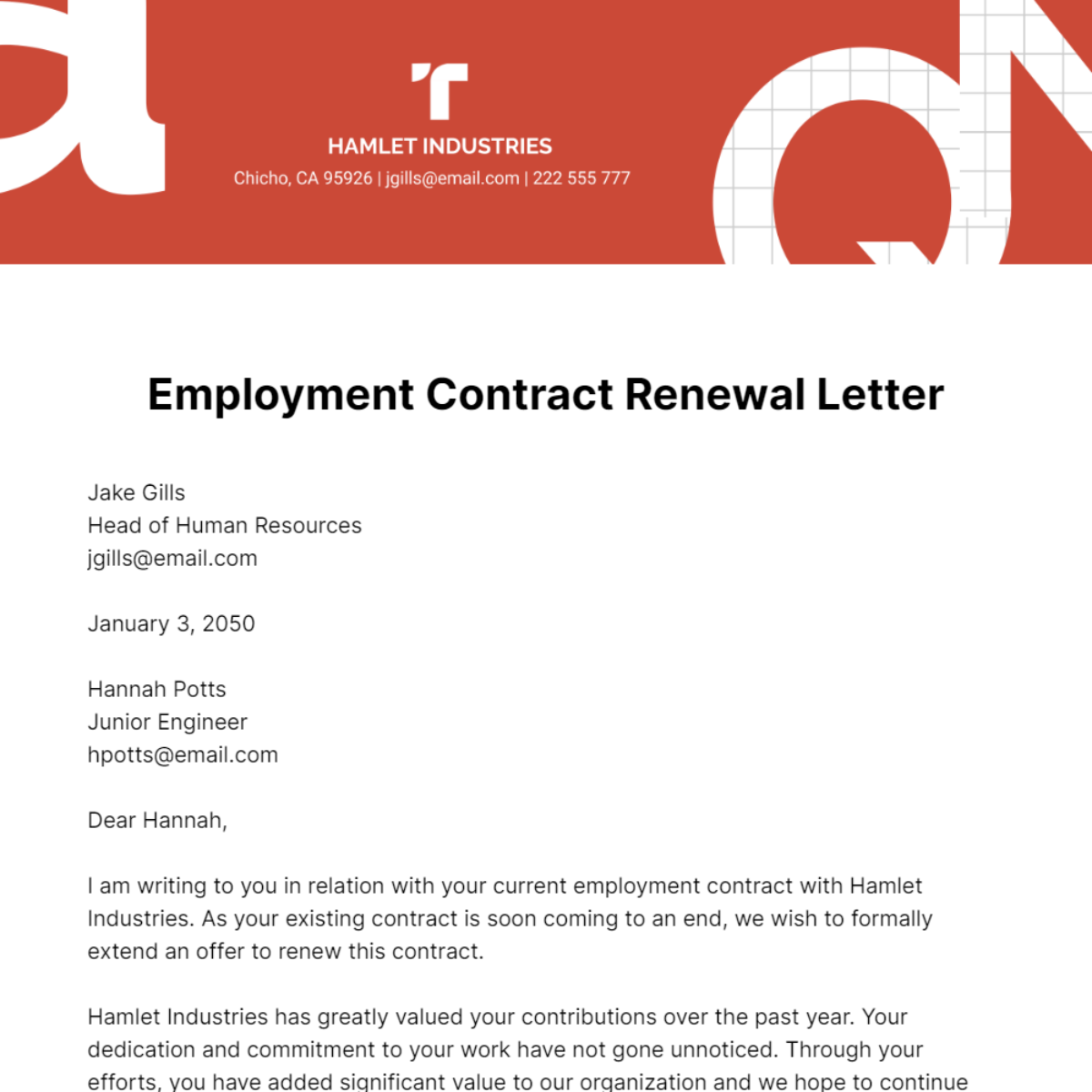 Employment Contract Renewal Letter   Template