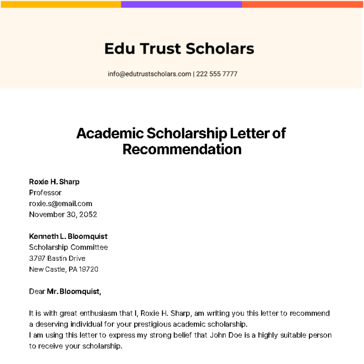 Free Academic Scholarship Letter of Recommendation Template