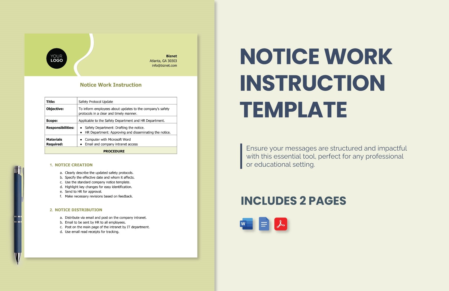 Free Notice Work Instruction Template in Word, Google Docs, PDF