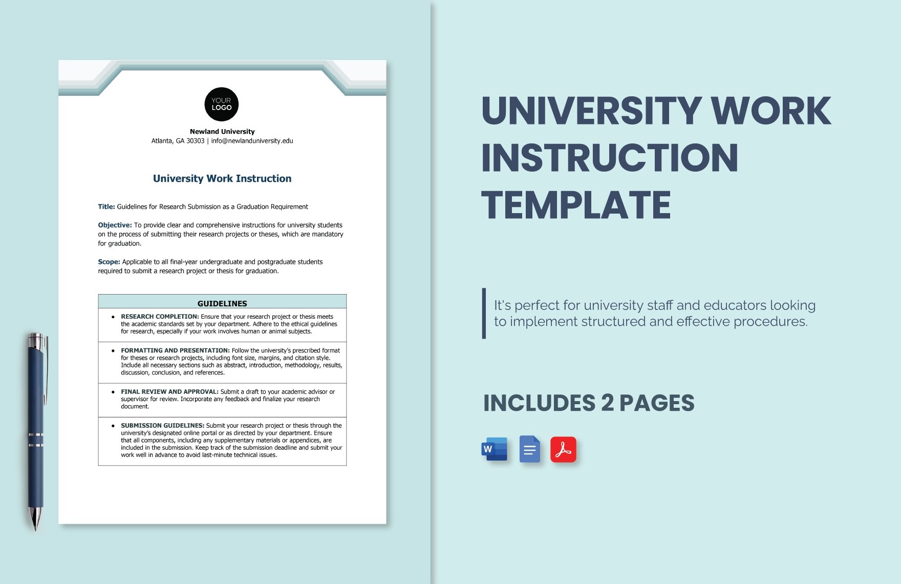 Free University Work Instruction Template