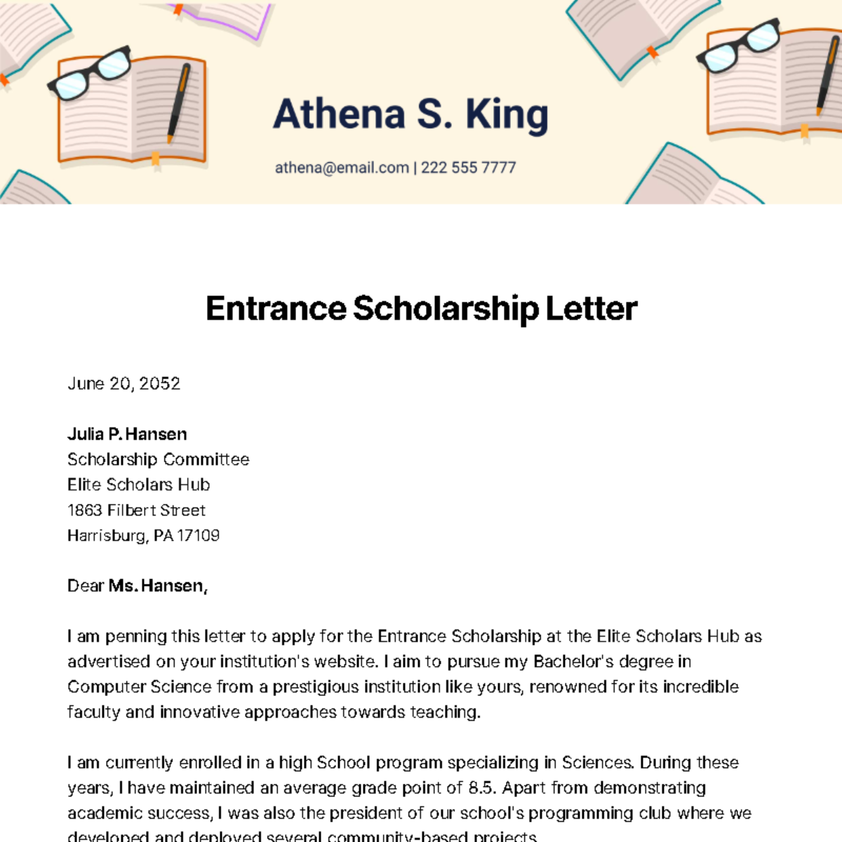 Free Entrance Scholarship Letter Template