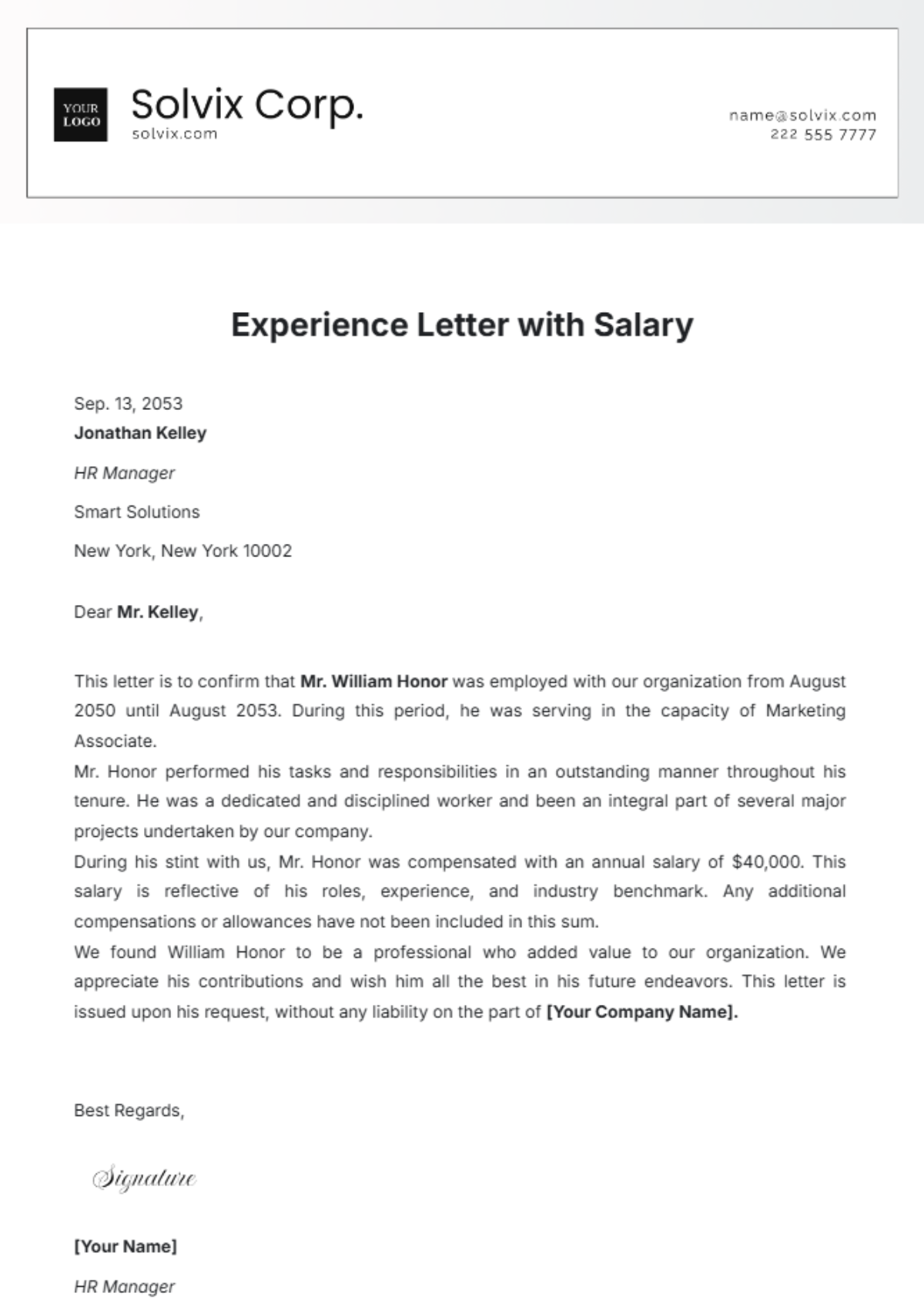 Experience Letter with Salary Template - Edit Online & Download