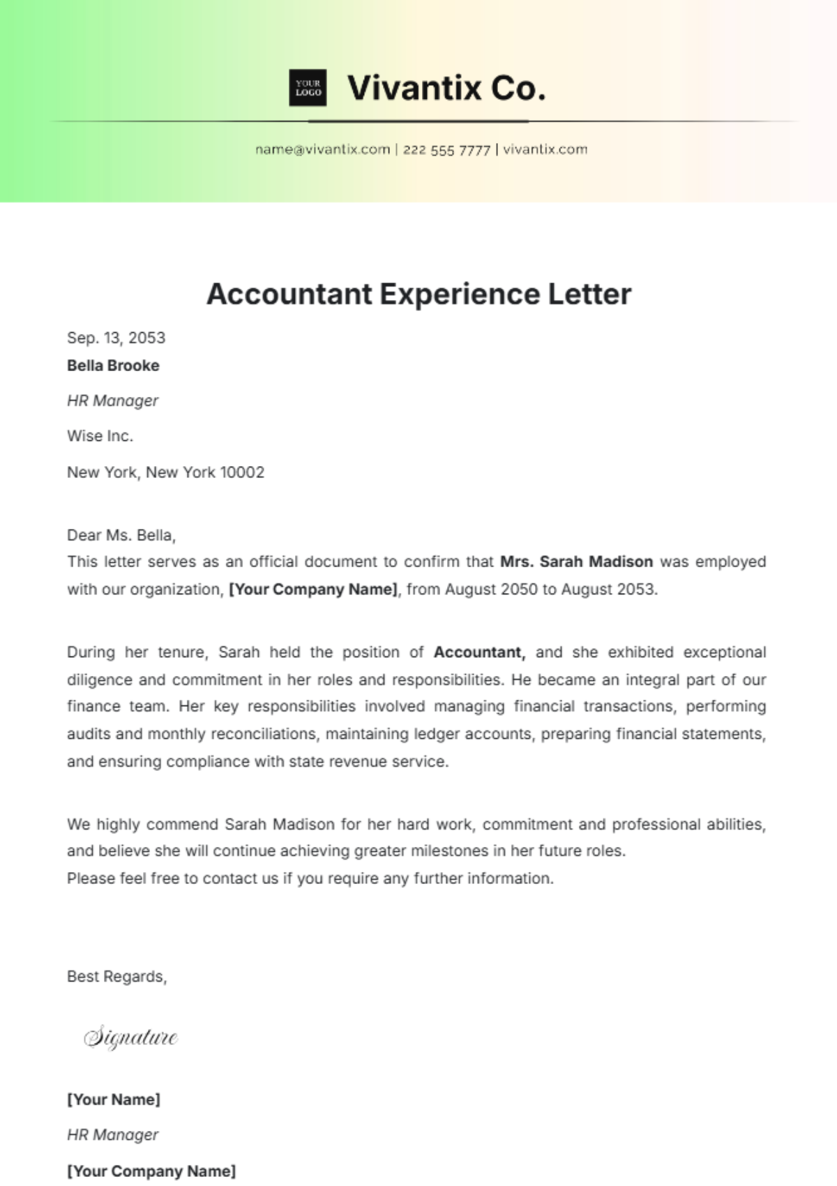 Accountant Experience Letter Template - Edit Online & Download