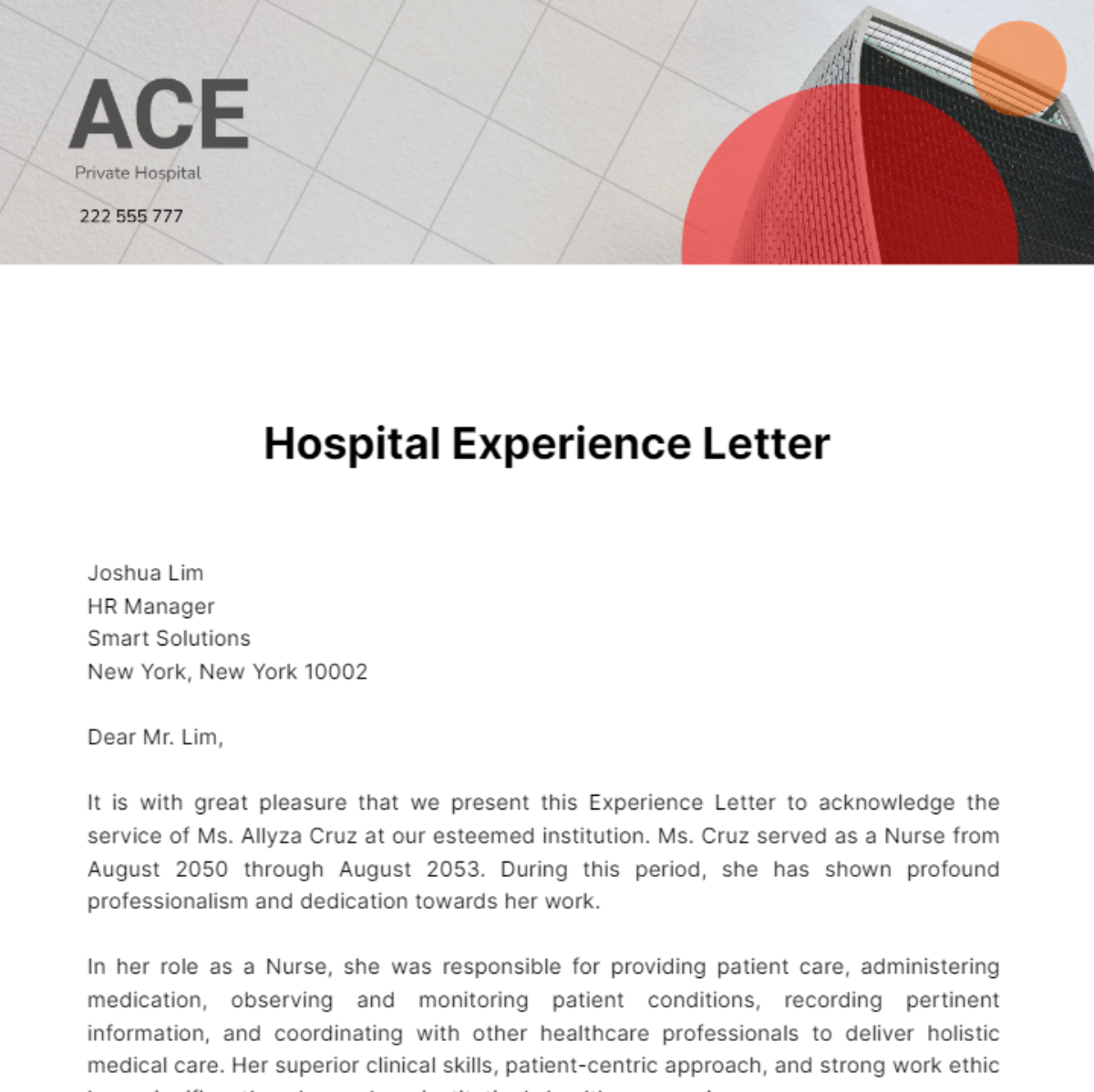 Hospital Experience Letter Template