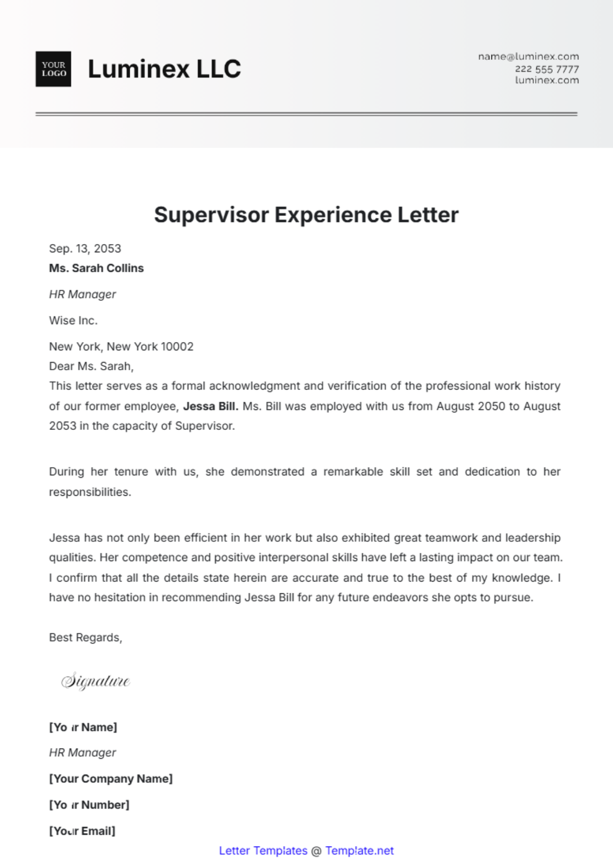 Supervisor Experience Letter Template - Edit Online & Download