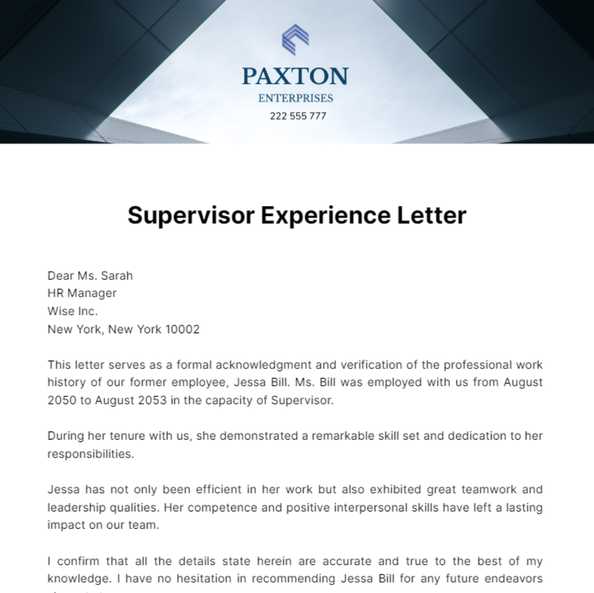 Supervisor Experience Letter Template