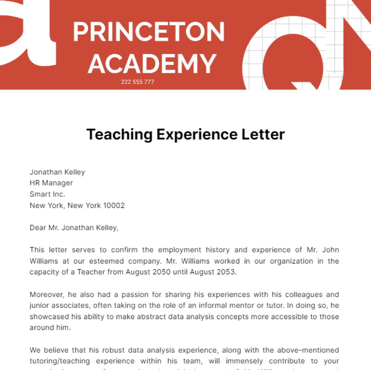 Teaching Experience Letter Template