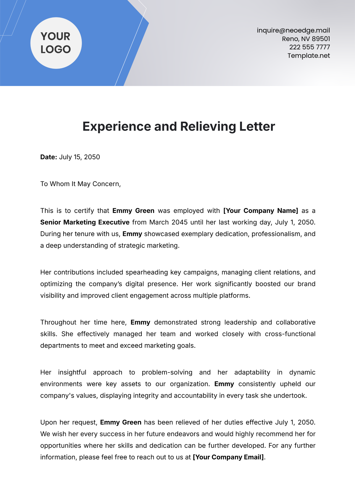 Experience and Relieving Letter Template - Edit Online & Download