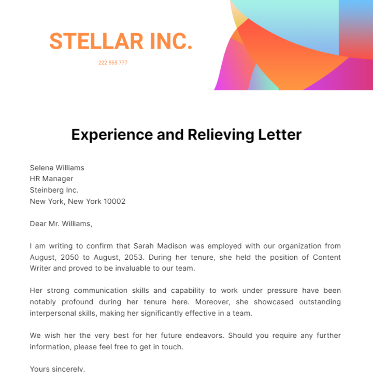 Free Experience and Relieving Letter Template