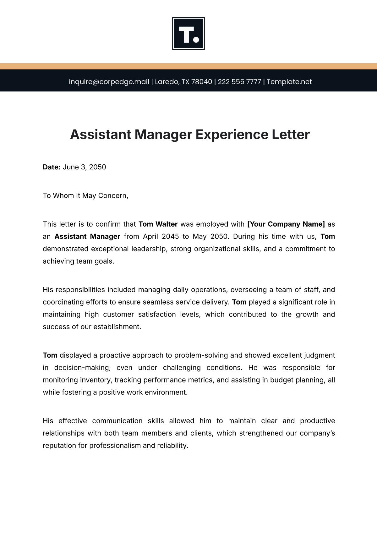 Assistant Manager Experience Letter Template - Edit Online & Download