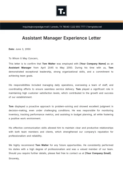 Free Assistant Manager Experience Letter Template to Edit Online