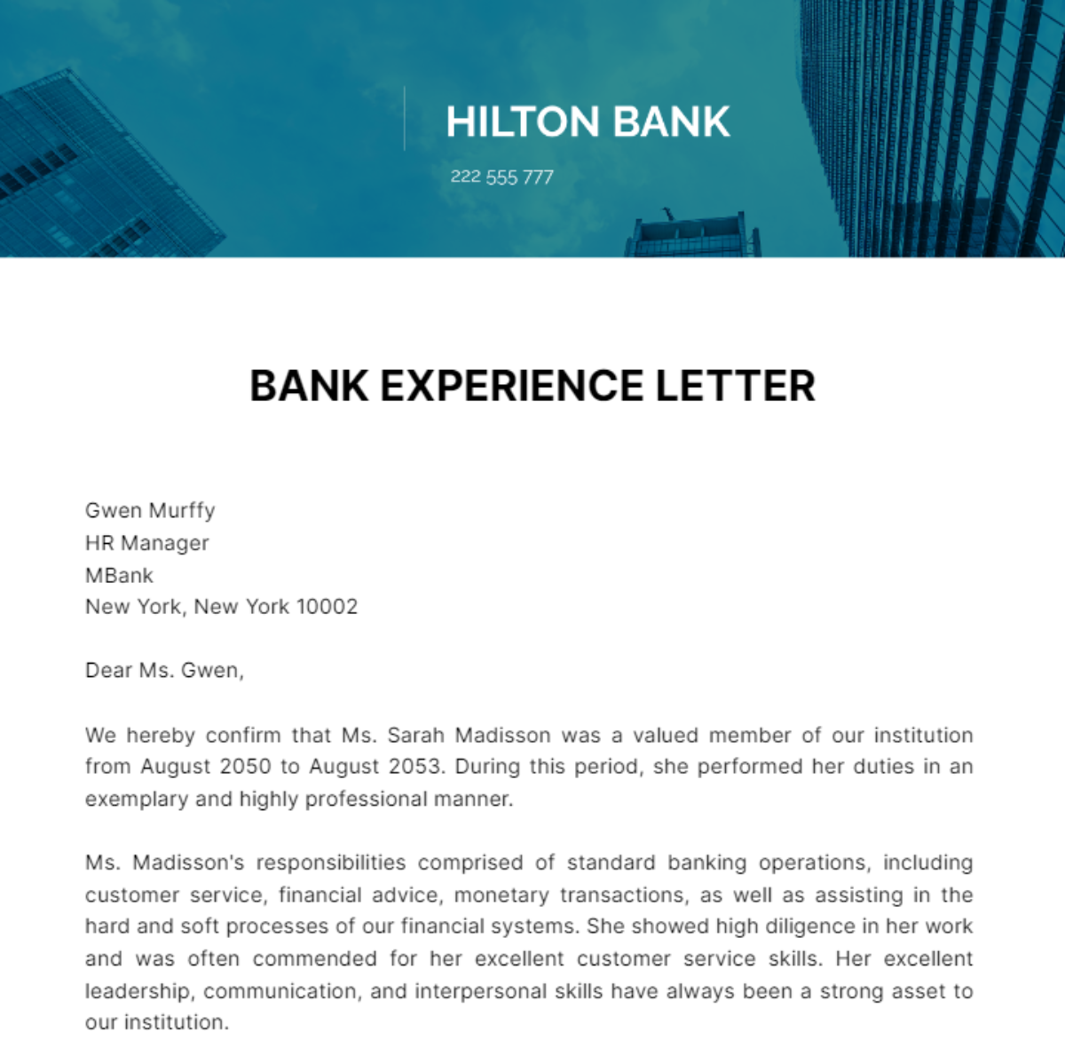 Bank Experience Letter Template