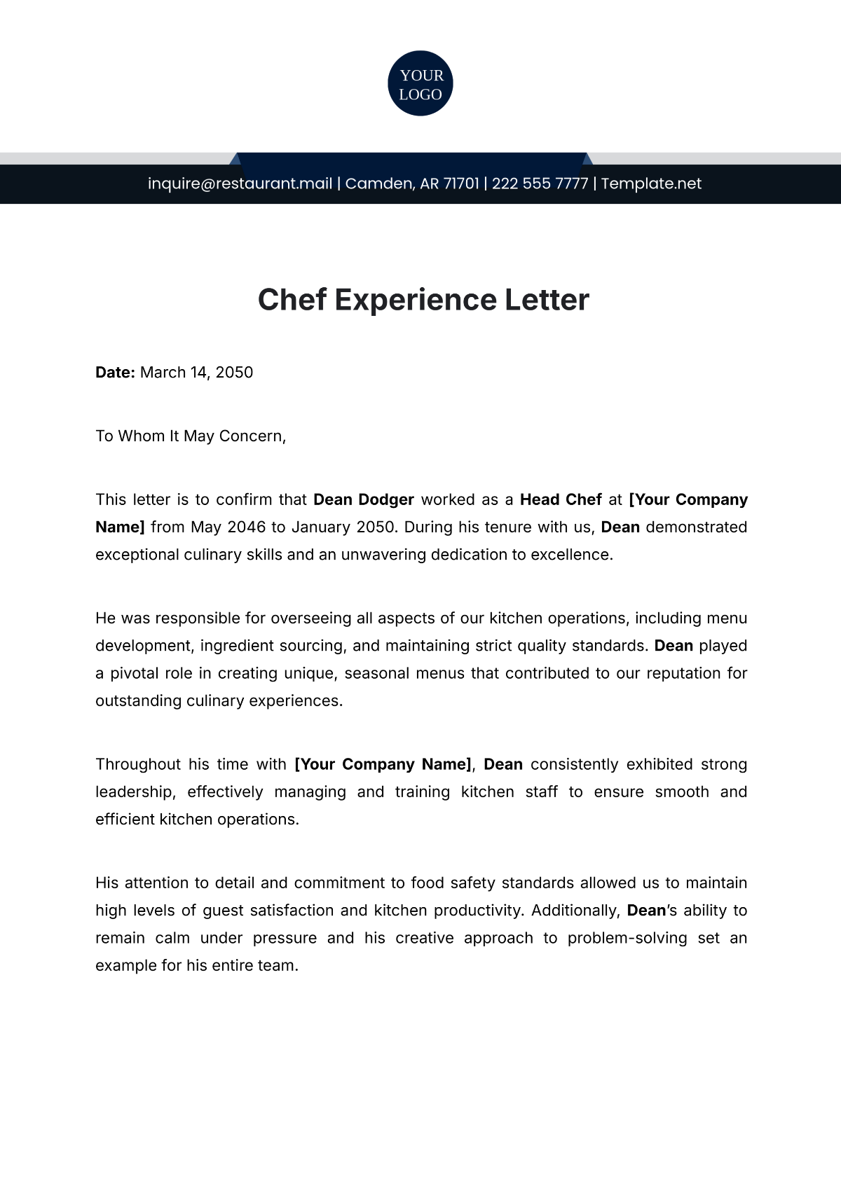 Chef Experience Letter Template - Edit Online & Download