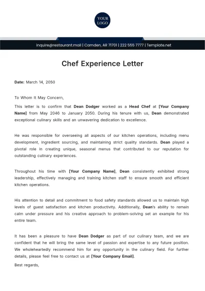 Free Chef Experience Letter Template to Edit Online