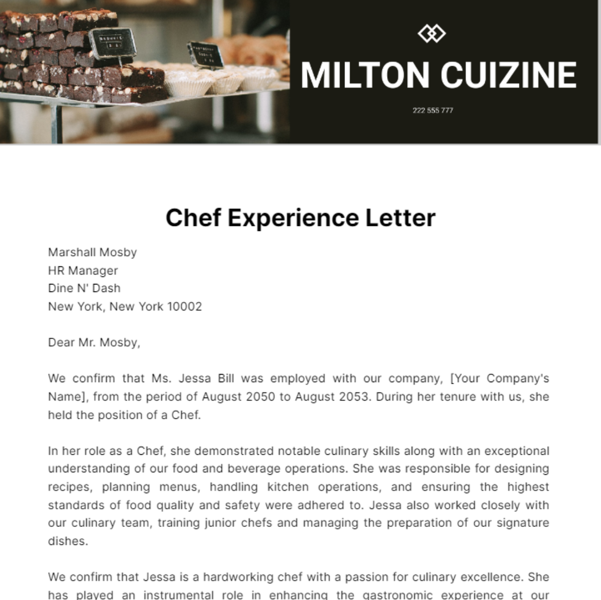 Free Chef Experience Letter Template