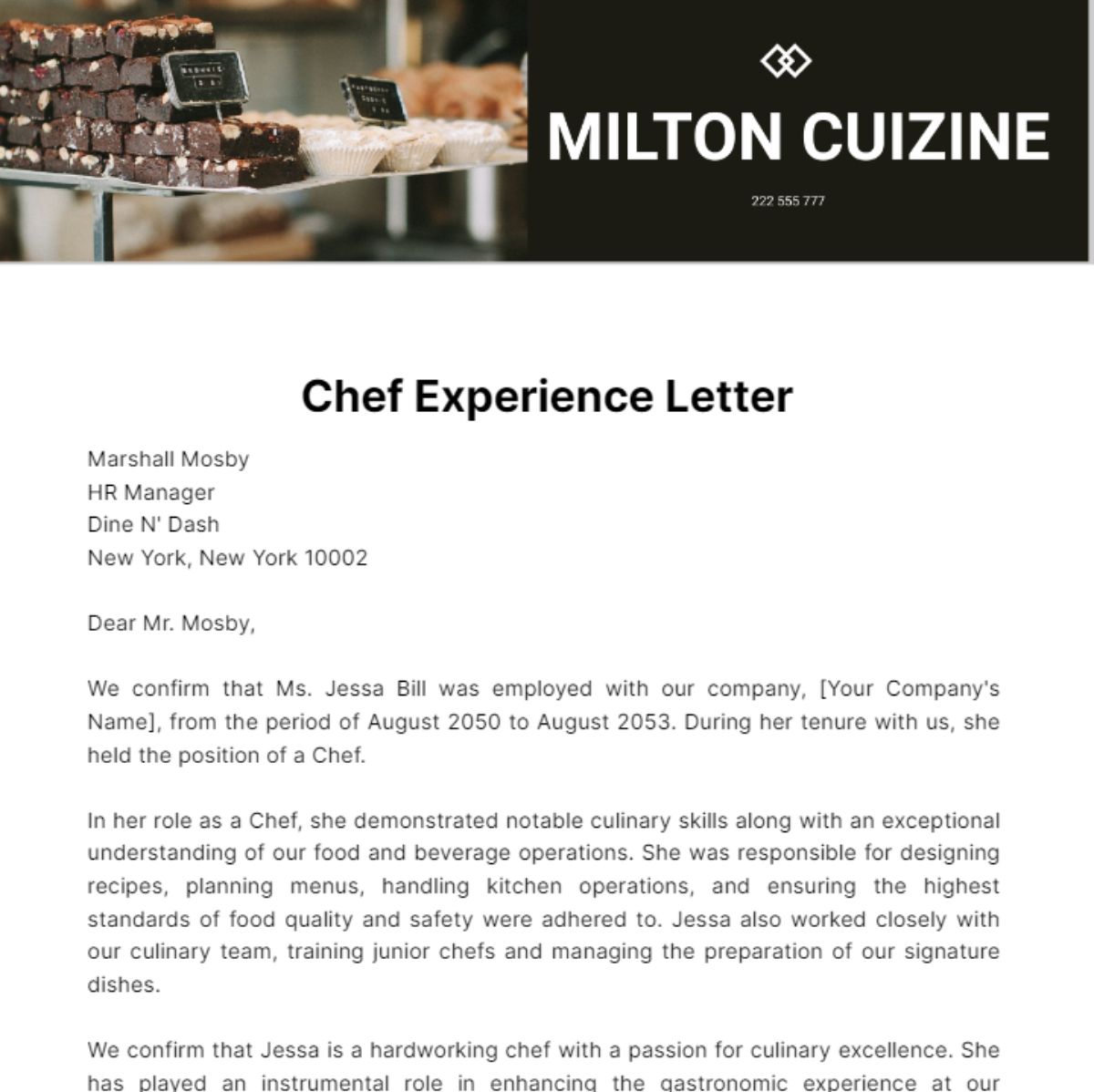 Chef Experience Letter Template Edit Online Download Example 