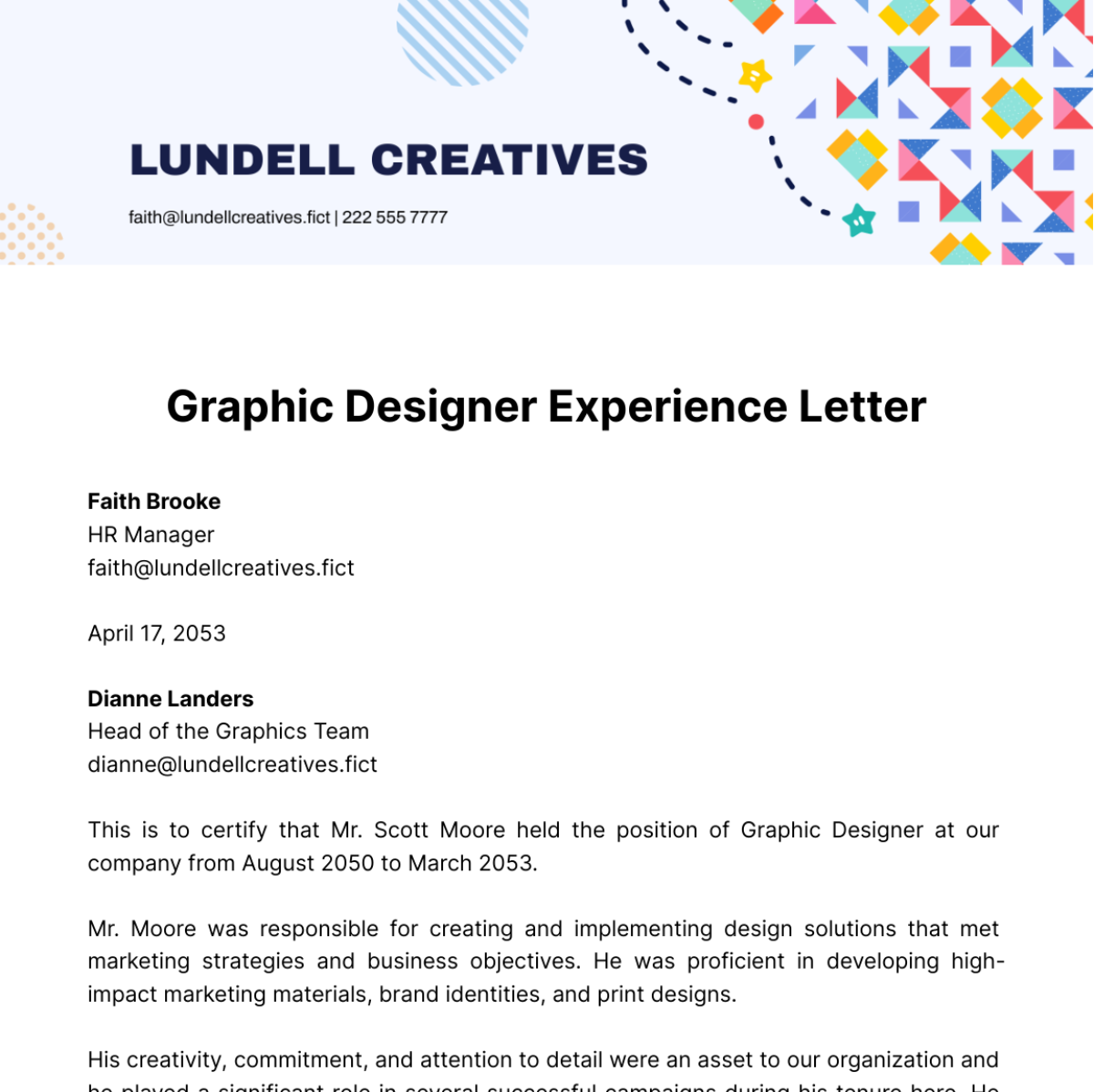 Free Graphic Designer Experience Letter Template