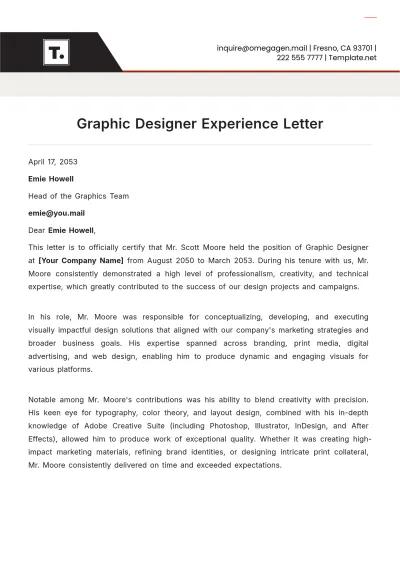 Free Graphic Designer Experience Letter Template to Edit Online