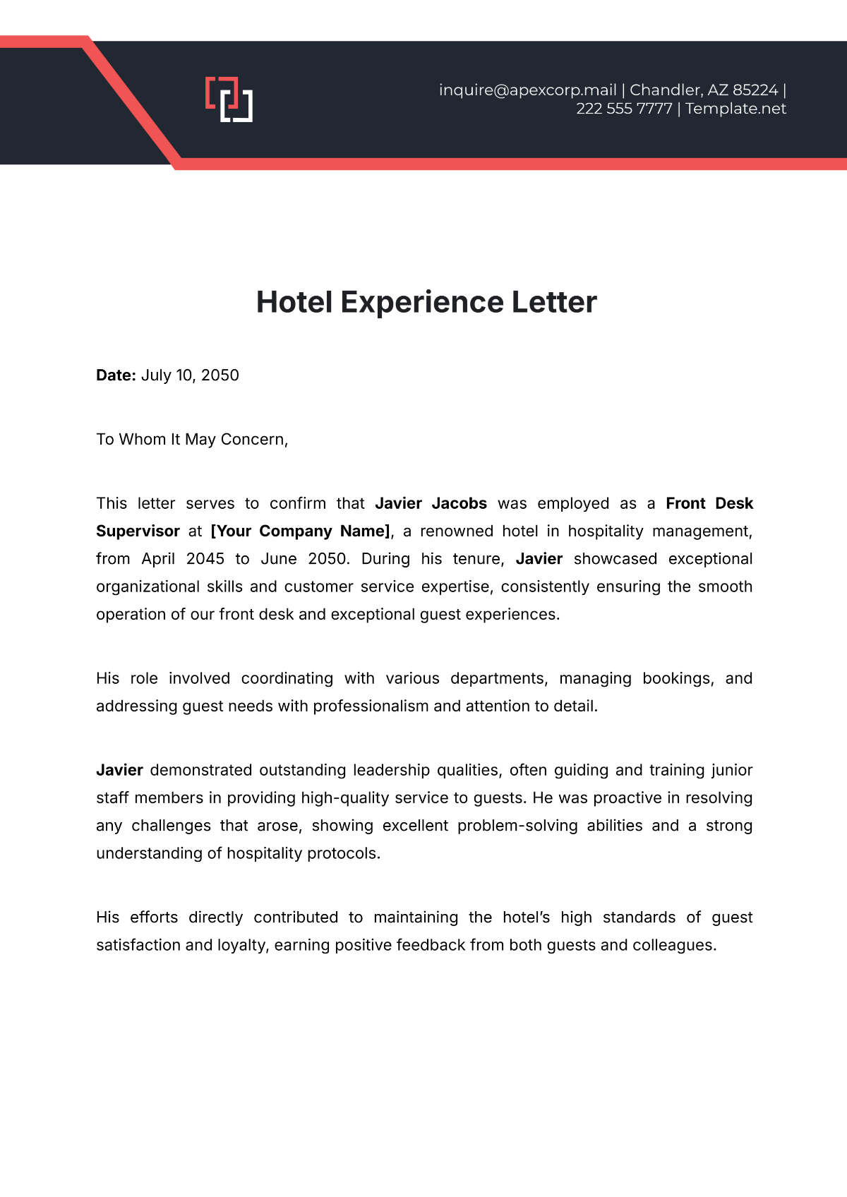 Hotel Experience Letter Template - Edit Online & Download