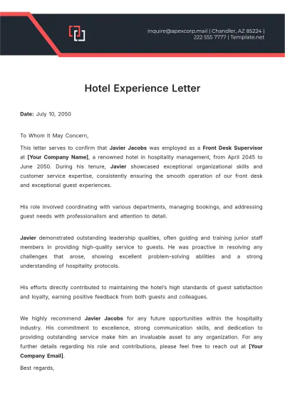 Free Hotel Experience Letter Template to Edit Online