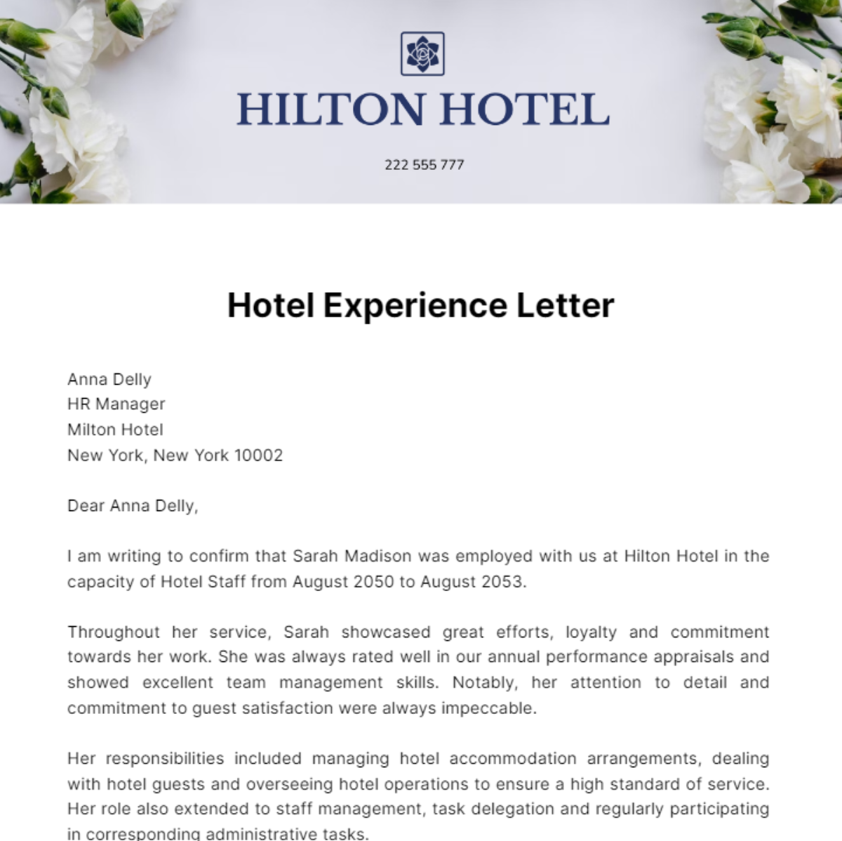 Hotel Experience Letter Template