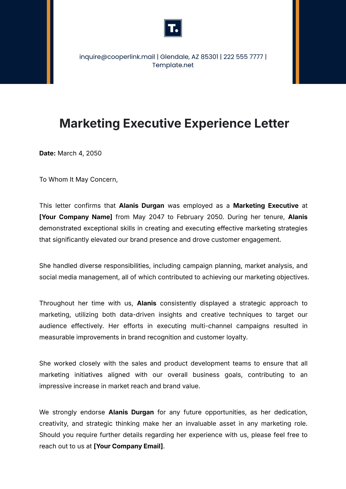 Marketing Executive Experience Letter Template - Edit Online & Download