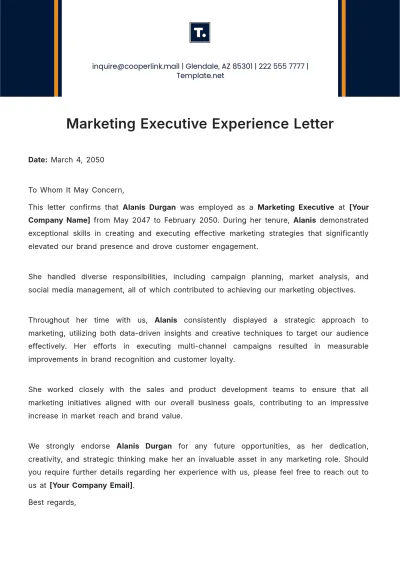 Free Marketing Executive Experience Letter Template to Edit Online