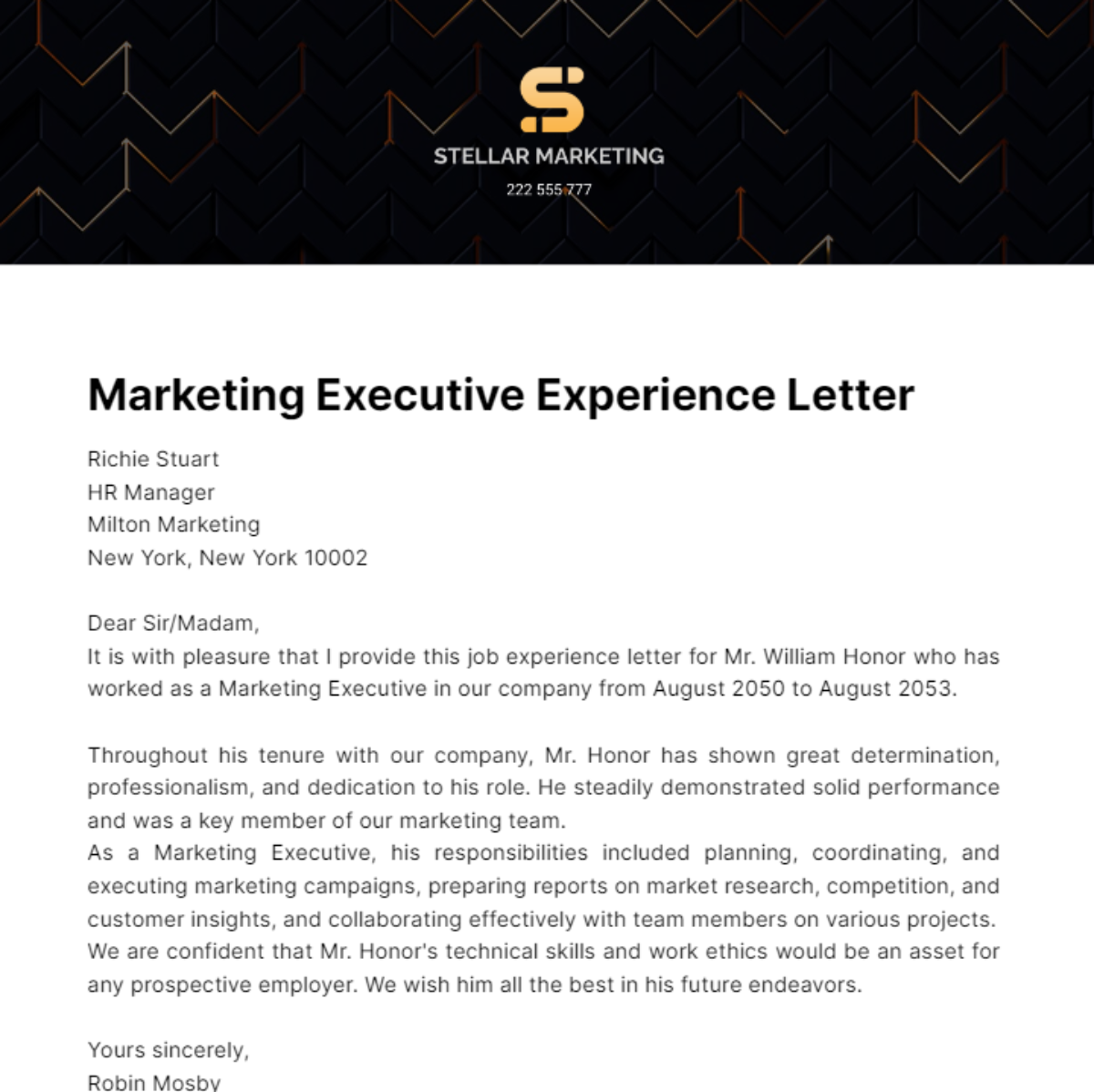 Free Marketing Executive Experience Letter Template