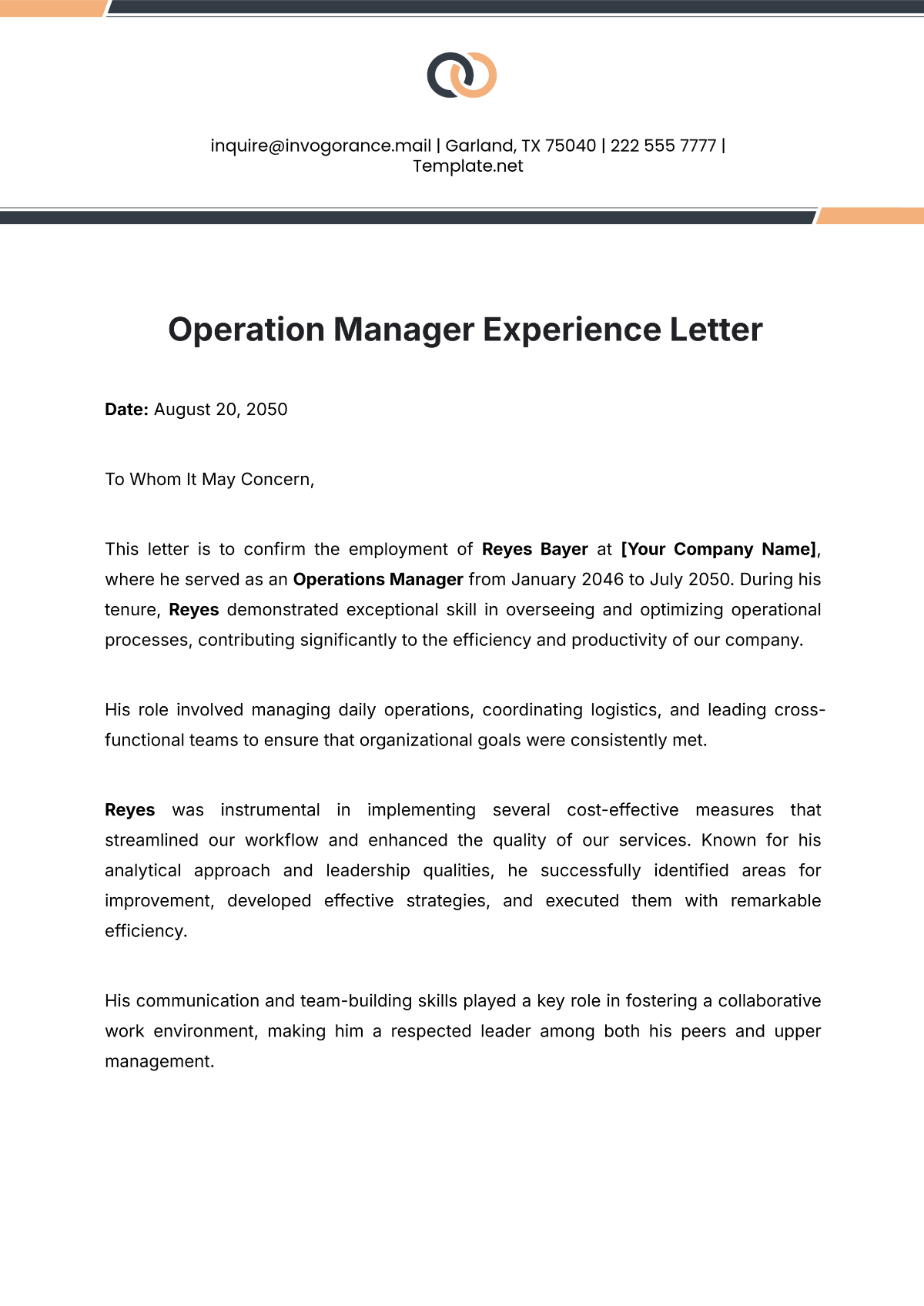 Operation Manager Experience Letter Template - Edit Online & Download