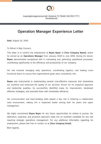 Free Operation Manager Experience Letter Template to Edit Online