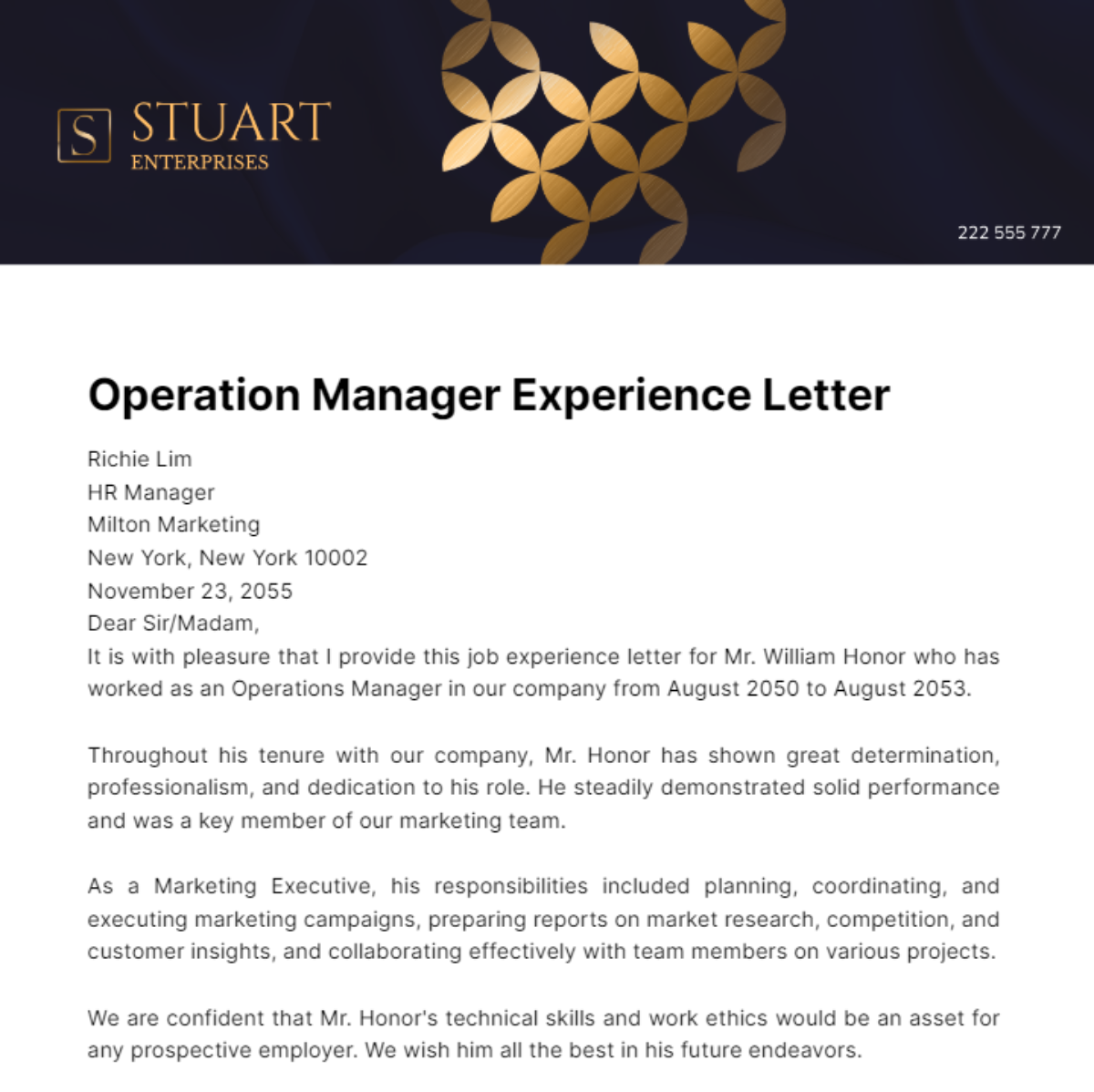 Free Operation Manager Experience Letter Template