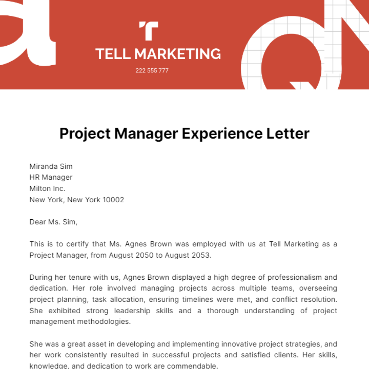 Project Manager Experience Letter Template